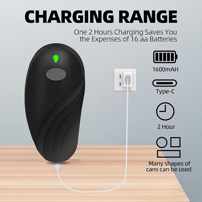 Rechargeable Auto Electric Can OpenerTouch Side Cut Opener Open Your Cans with A Simple Press of Button - Automatic,Smooth Edge,Food-Safe,for Kitchen for Seniors with Arthritis Small Size (Black)