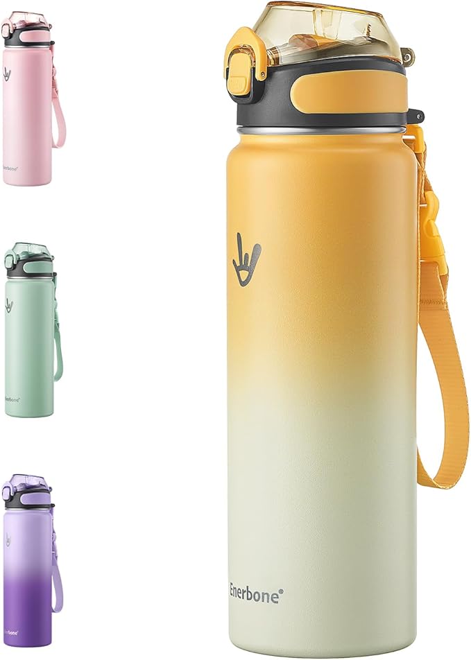 Enerbone 24 oz Insulated Water Bottle, Stainless Steel Bottle with Carrying Strap, Double-Wall Vacuum Insulation Design, Leakproof Sports Bottle with Straw, Keep Drinks Cold or Hot for Hours