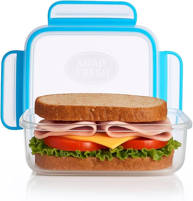 Snap Fresh - 4 Pack of Fun Size Sandwich Containers (450 ml) - Reusable, BPA Free Plastic, Snap & Lock Shut Lids and Silicone Seal. Great for Fruit, Salad, Lunch Box Snacks and Food Storage.