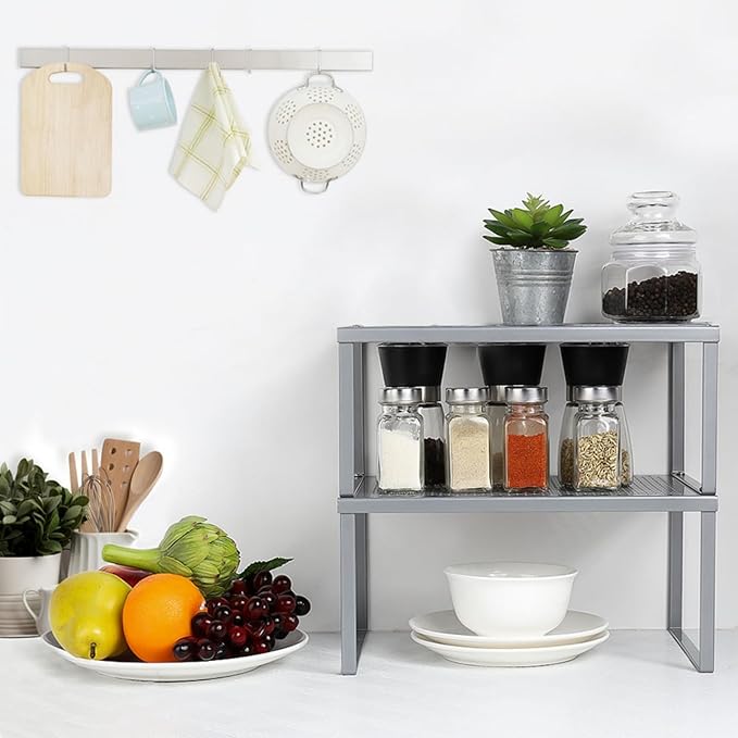NEX Kitchen Shelf Organizer for Cabinet Counter Cupboard Pantry, Stackable & Expandable, Silver