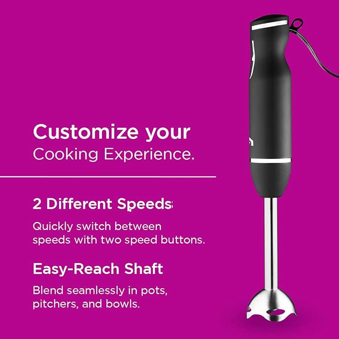 Immersion Hand Blender 2 Speed Stick Mixer with Stainless Steel Shaft & Blade, 300 Watts Easily Food, Mixes Sauces, Purees Soups, Smoothies, and Dips, Black
