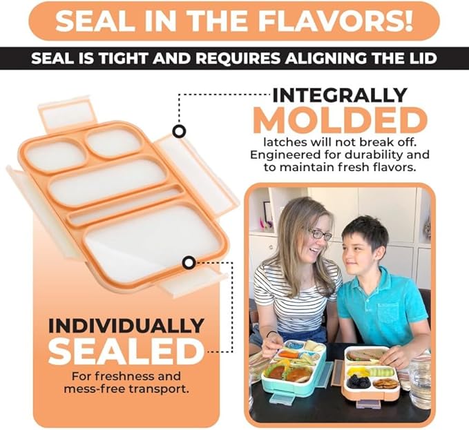 Kinsho Bento Box for Adults and Kids, Leakproof Lunch-Boxes with Custom Fit Spoon and Fork, Portion Control Container, BPA Free, Green + Orange, 5 Compartments, 2 Pack