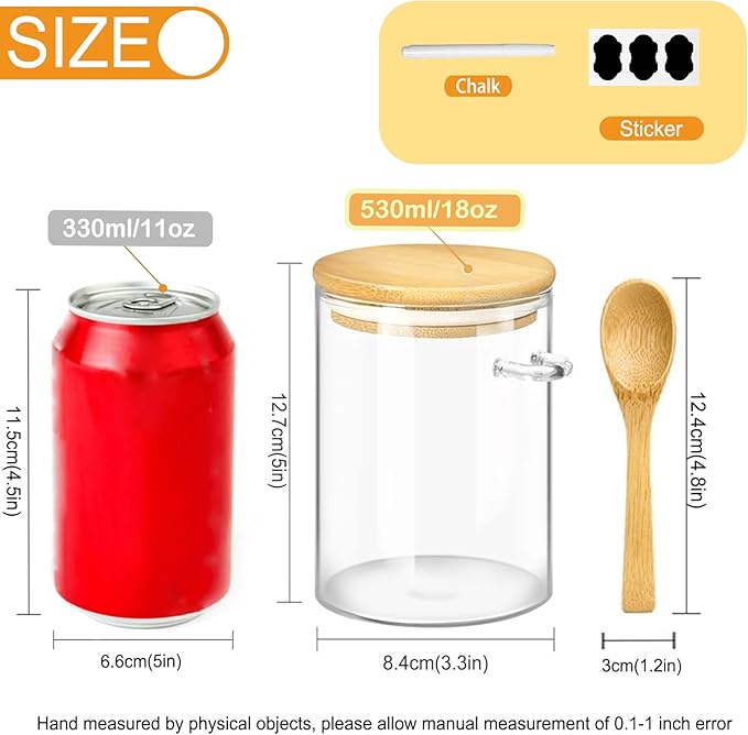 Spice Jars, Overnight Oats Containers with Airtight Lid and Spoon, Decorative Kitchen Canisters Set, Glass Storage Containers for Coffee, Tea, Sugar, Spice, Bath Salt, 1pcs (530 ml)