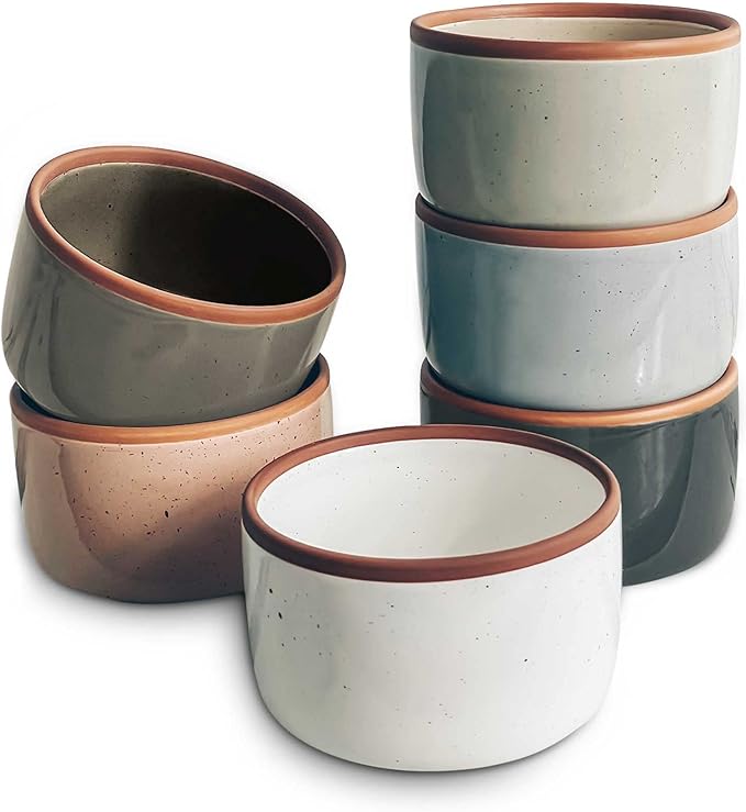 Mora Ceramic Ramekins - 4oz, Set of 6 - Small Oven Safe Baking Dishes/Cups - For Personal Pudding, Creme Brulee, Souffle, Serving Dip, Custard, Ice Cream - Single Mini Bowls - Assorted Neutrals