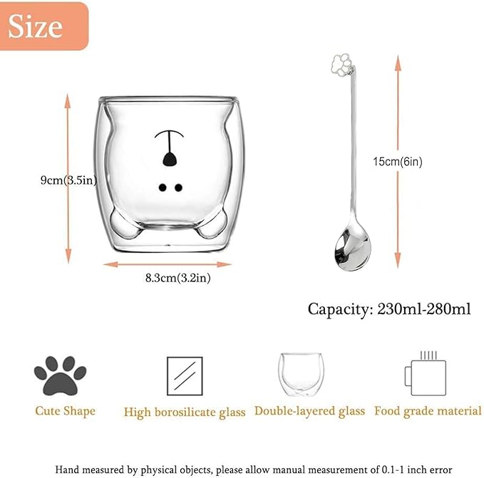 Cute Mugs Double Wall Glass Coffee Glass Cup Kawaii Bear Tea Milk Cup Funny Mug Animal Mug Aesthetic Cup for Office and Personal Birthday Gift (Happy bear)