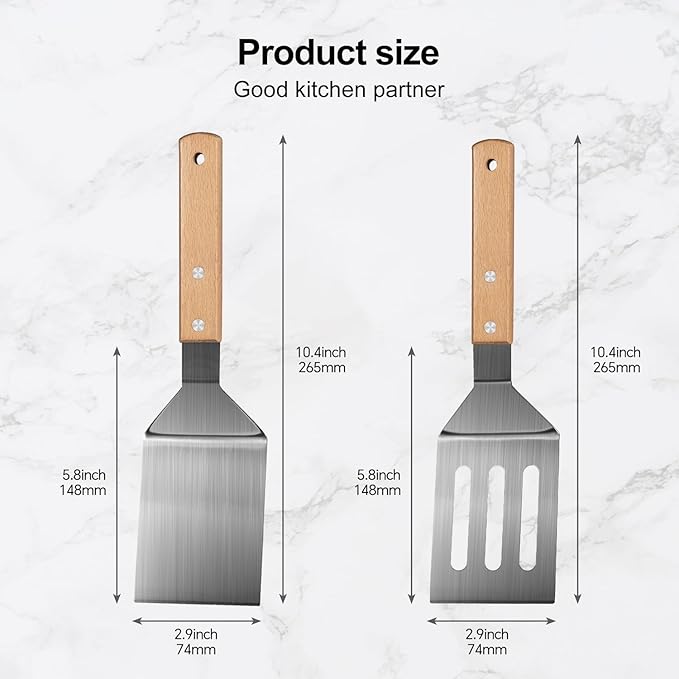 Stainless Steel Spatula Set, 2 Pcs Metal Spatulas for Kitchen Use, Professional Metal Spatula for Cast Iron Skillet with Wooden Handle, Ideal Choice for Making Desserts, Pancakes, Eggs, and BBQ