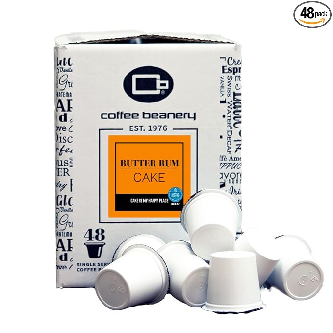 Butter Rum Cake Decaf Coffee Pods by Coffee Beanery | 48ct Bulk Medium Roast Arbica Coffee