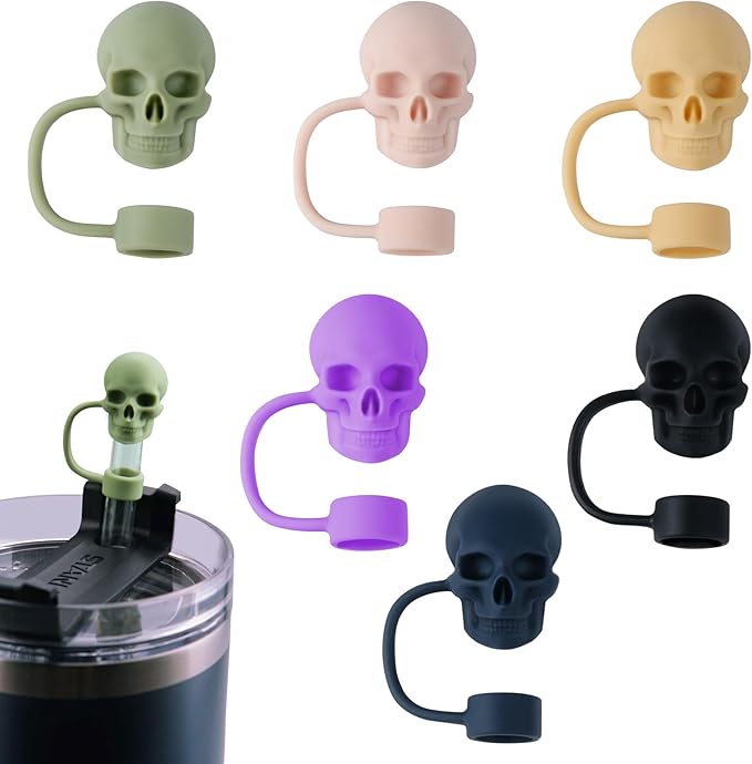 Straw Covers Cap Compatible with Stanley Cup 30 40oz with Handle - 6Pcs 10mm/0.4in Silicone Straws Toppers - Cute Funny Cool Skull Shape Straw Tumbler Accessories for Man & Woman - Reusable&Dust-proof