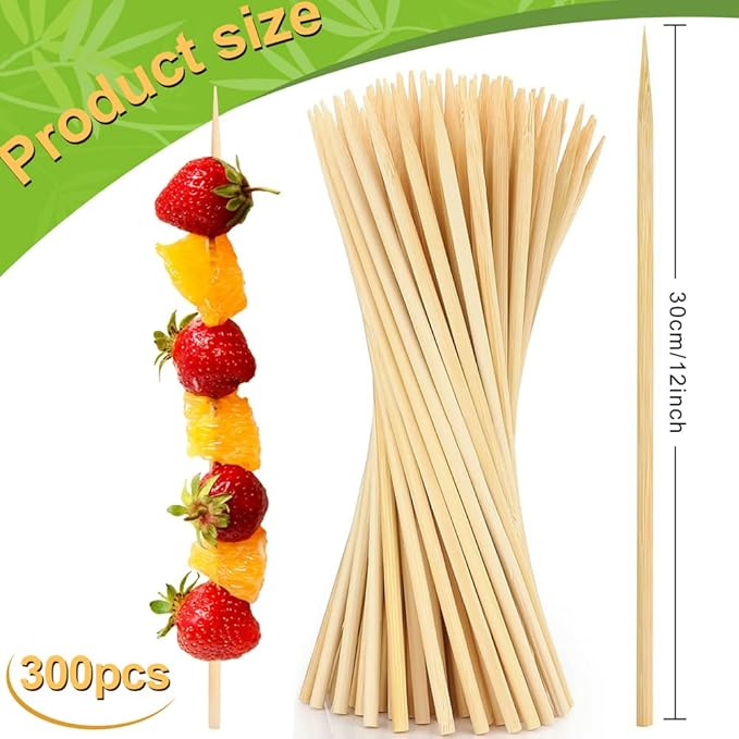 300 Pcs 12 inch Natural Bamboo Skewers, Φ=4mm, PEOUWNES Food Sticks for Appetiser, BBQ, Fruit，Cocktail, Grilling Kebabs, Bouquet, Chocolate Fountain, Corn Dog, Kitchen, Barbecue, Crafting and Party