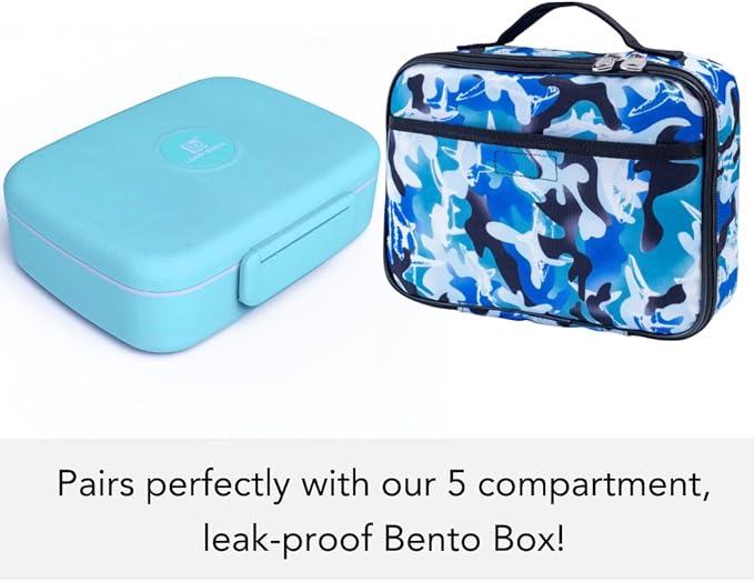 Fenrici Lunch Box for Boys, Kids Insulated Lunch Bag, Soft Sided Compartments, Spacious, BPA Free, Food Safe, 10.8in x 8.5in x 2.8in, Shark, Camo