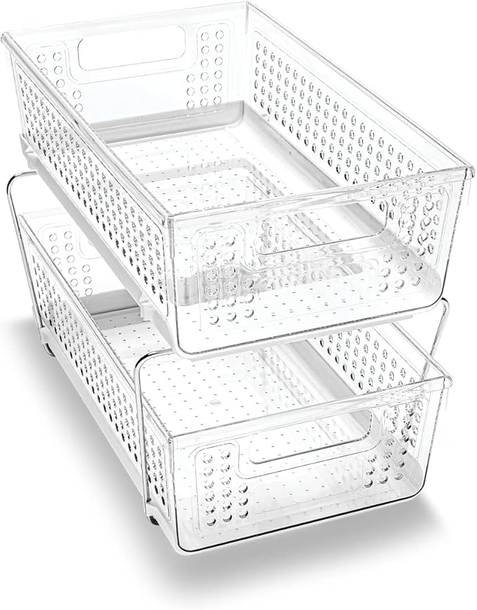 madesmart 2-Tier Organizer, Multi-Purpose Slide-Out Storage with Handles and Dividers for Home and Bath, Easy Assembly, BPA Free, Clear