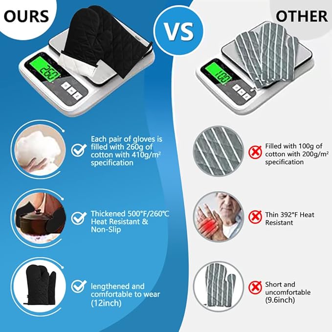 Oven Mitts and Pot Holders 4 pcs Set,High Heat Resistant 500 Degree Extra Thicken Long Kitchen Cotton Oven Glove for Cooking (12 Inch,Black)