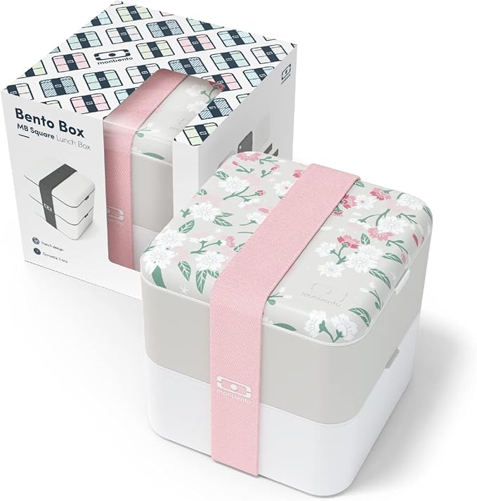 monbento - Large Bento Box MB Square Sakura with Compartments - Leakproof Lunch Box for Work and Meal Prep - BPA Free - Food Grade Safe - Japanese Flowers - Grey