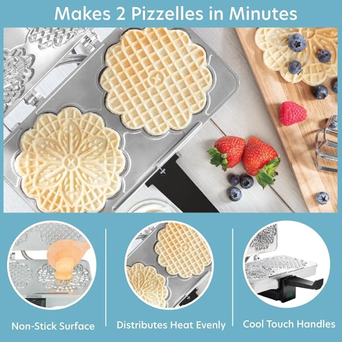 Pizzelle Maker- Polished Electric Holiday Baker Press Makes Two 5-Inch Cookies at Once- Christmas Baking Supplies for Party- Italian Dessert Treat Making with Recipe Guide- Cookie Swap Gift for Her