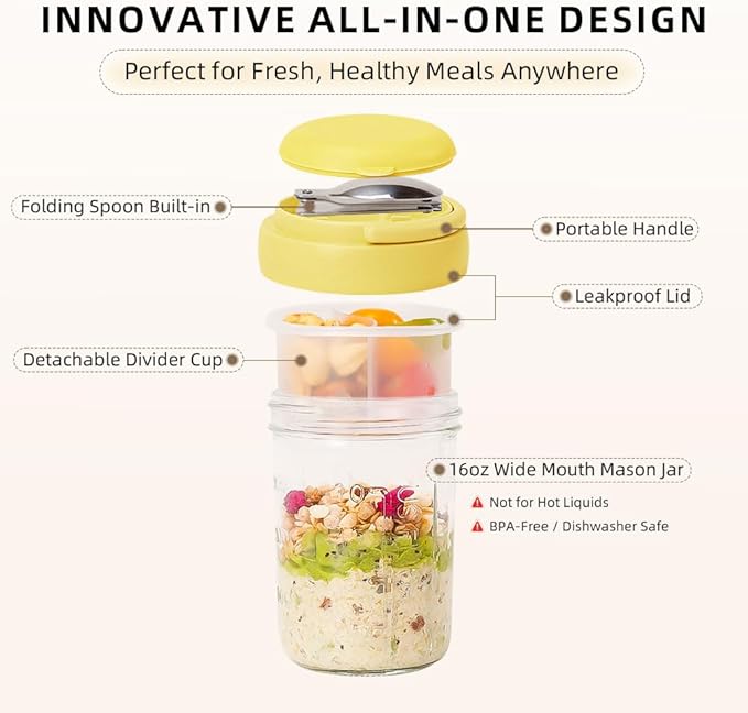 4 Pack Overnight Oats Containers with Lids and Handles, Folding Spoons & Divided Compartments for Fruit & Nuts, 16oz Glass Mason Jars for Oatmeal, Meal Prep & Breakfast (Blue/Green/Yellow/Green)