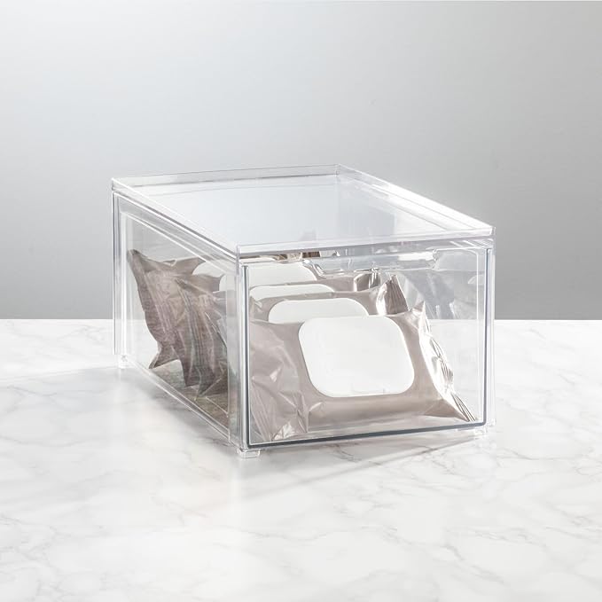 mDesign Plastic Stackable Bathroom Storage with Pull Out Bin Organizer Drawer for Cabinet, Vanity, Shelf, Cupboard, Cabinet, or Closet Organization - Lumiere Collection - 2 Pack - Clear
