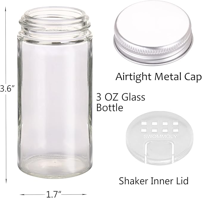 Spice Rack Organizer with 24 Empty Round Spice Jars, 396 Spice Labels with Chalk Marker and Funnel Complete Set, SWOMMOLY Spice Rack for Cabinet, Countertop or Wall Mount, Silver