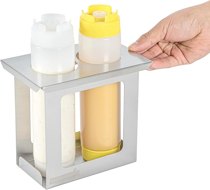 Restaurantware Squeeze Bottle Holder Pack of 1 Stainless Steel 2 Hole Bottle Holder, 2.5" Diameter Fits 1/9 Size Opening, Dishwasher Friendly Integrated Lip Design Holder for Condiment Bottles