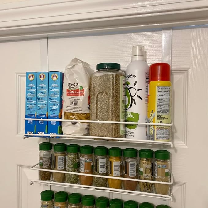 Evelots Over the Door Pantry Organizer -5 Tier Spice Rack -Holds up to 40 Spices & More - Adjustable Metal Baskets for Kitchen, Bathroom Storage & Organization (White) Easy Install Extra Deep Baskets