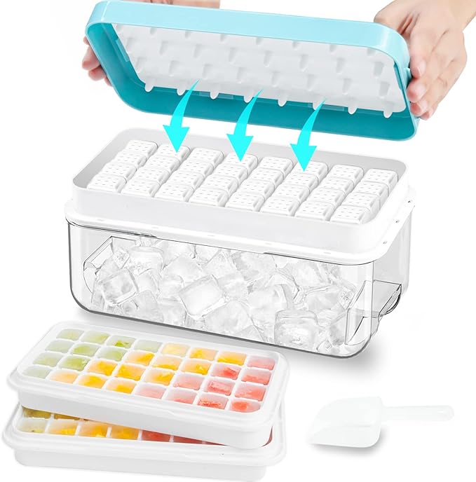 Silicone Ice Cube Tray for Freezer 64 Nuggets Ice Tray with Lid and Storage Bin Stackable Easy Release Ice Container with Scoop for Cocktail Whisky Coffee