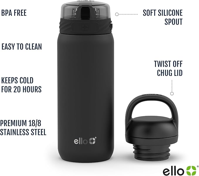 Ello Cooper 18oz Kids Stainless Steel Water Bottle with 2 Lids Chug and Straw | Leak Proof Double Walled and Vacuum Insulated | Fits Car Cupholder | Built in Carry Loop | Dishwasher Safe | Yucca