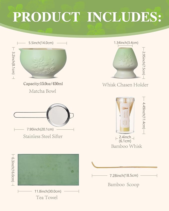 ZENS Matcha Whisk Set, Ceramic Matcha Tea Set with 15oz Sakura Bowl and Bamboo Whisk & Scoop, (Chasen Holder), Stainless Sifter-Tea Towel, 6pcs Matcha Kit for Matcha Lovers, Green