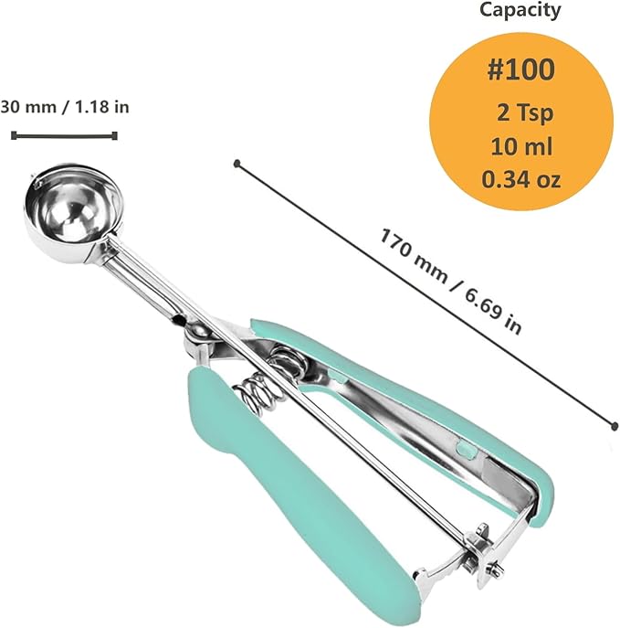 Mine Cookie Scoop, 2Tsp/10ml/0.34oz Cookie Scoops for Baking, 18/8 Stainless Steel Cookie Scooper for Baking, Cookie Dough Scoop with Non-slip Grip (Mint)