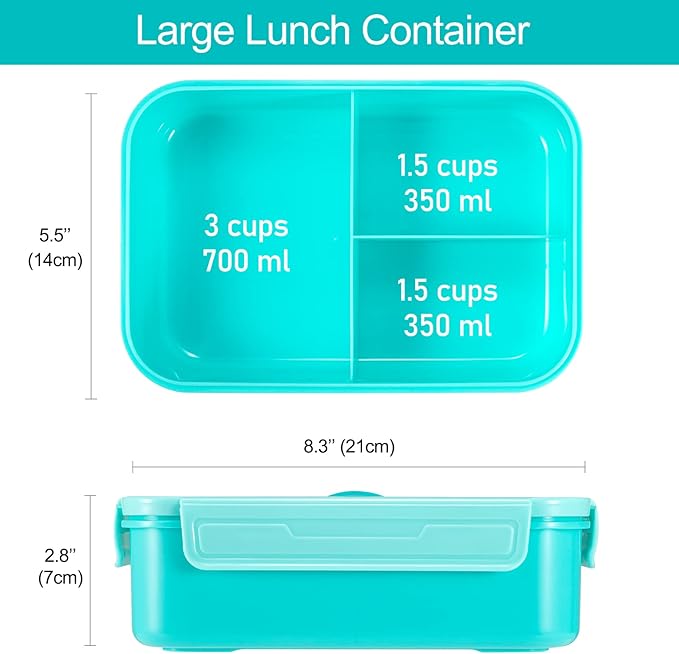 Caperci Classic Bento Box Adult Lunch Box for Older Kids - Leakpoof 47 oz 3-Compartment Lunch Containers for Adults and Teens, Built-in Utensil Set, Ideal for On-the-Go Balanced Eating, Aqua
