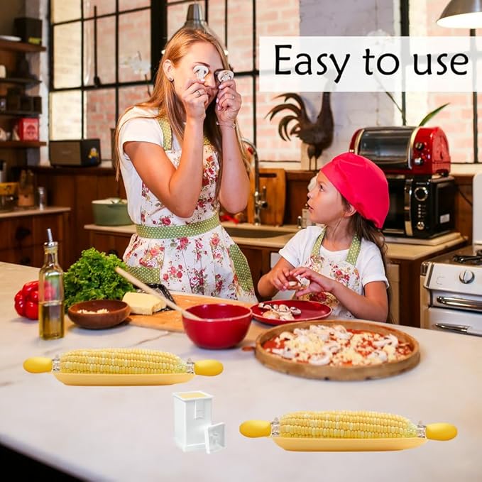 Corn Dishes and Corn Holders Set Kits, PEOUWNES Corn on The Cob Holders, Corn Cob Holders Skewers BBQ Twin Prong Holders, Includes 12 Stainless Steel Corn Holders, 6 Corn Trays and Butter Spreader