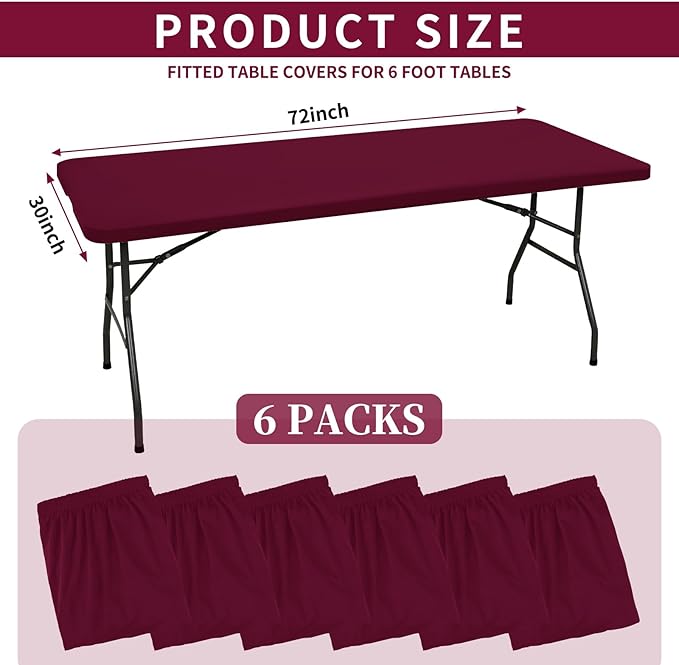6 Pack Stretch Fabric Table Top Cap Cover, fits 6' Tables, Spandex Table Covers Washable Elastic Rectangle Tablecloth Protector for Indoor Outdoor Party Picnic Wedding, Wine Red, 30" W x 72" L