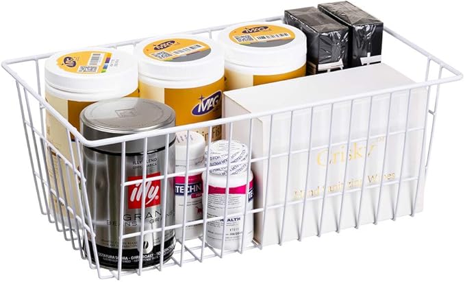 SANNO Freezer Baskets Wire Storage Baskets Closet Storage Baskets Bins Refrigerator Storage Containers for Home Office, Bathroom, Pantry Organization Storage Bins -Set of 3, White, 15.7"