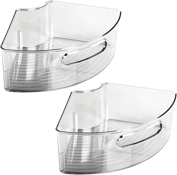 mDesign Plastic Lazy Susan Cabinet Storage Bin with Front Handle for Kitchen Countertop, Pantry, Shelf, Fridge Organization - Hold Food, Drinks, Snacks - Ligne Collection - 2 Pack - Smoke Gray Tint