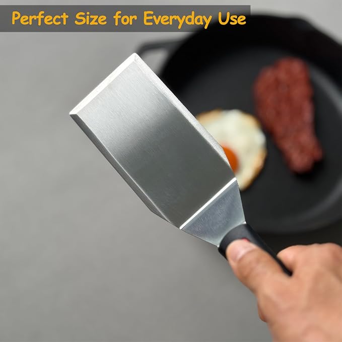 Professional Metal Spatula for Cast Iron Skillets and Flat Top Grills, Full Tang Silicone Handle,Thickened Stainless Steel Blade, Smash Burger Spatula Turner for Flipper, Cooking, BBQ, 5 x 2.75 Inch