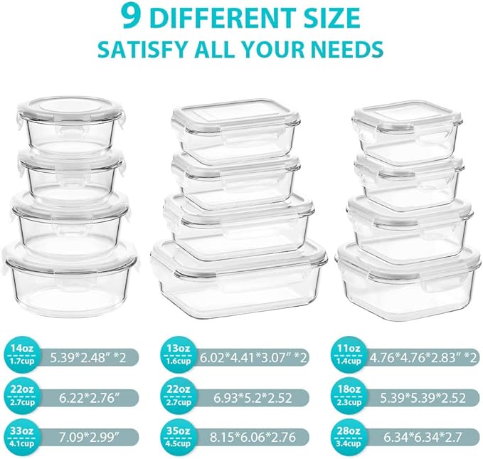 Bayco Glass Food Storage Containers, [24 Piece] Airtight Meal Prep Bento Boxes, Leak Proof (12 lids & 12 Containers) - White