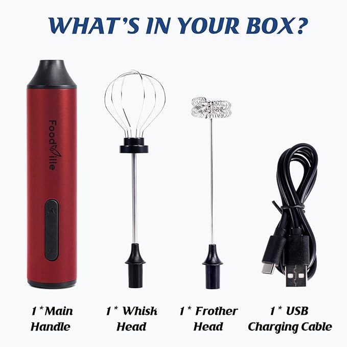 MF05 Rechargeable Milk Frother USB Charging Handheld Foam Maker with Stainless Balloon Whisk for Cappuccino, Latte, Bulletproof Coffee, Keto Diet, Protein Powder, Matcha (Red)