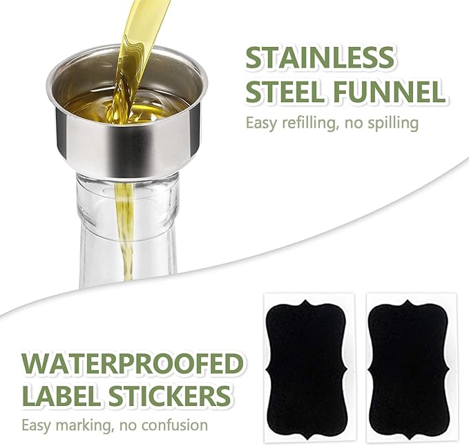 Olive Oil Dispenser, 500 ml/17 oz Vinegar and Olive Oil Bottle Dispenser Oil Bottles for Kitchen with 1 Pourers,2 Labels and 1 Funnel, Home Square Tall Glass Oil Container As Gift