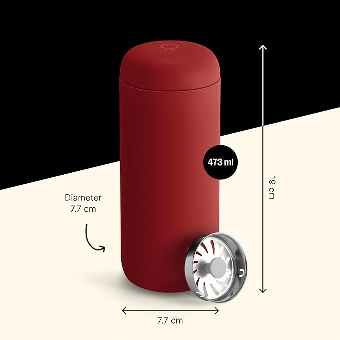 Fellow 16 oz Carter Move Travel Mug - Vacuum-Insulated Stainless Steel Travel Coffee Mug - Coffee Tumbler with Ceramic Interior and Splash Guard - Red