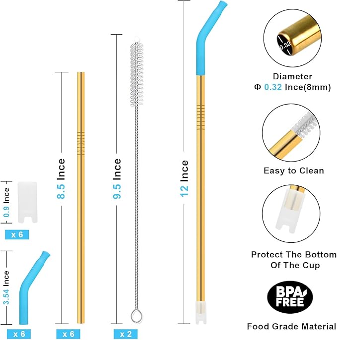 Newly Upgraded 8.5In Reusable Stainless Steel Straws Set 6 PCS with12 Silicone Accessories, 2 Straw Brush, 1 Storage Case, BPA Free, Eco-Friendly Metal Straws for 14, 20, 30,40 oz Tumbler