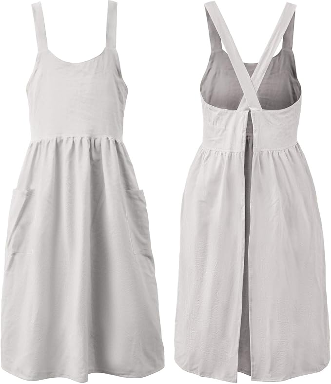 Uaussi Cotton Linen Apron Cross Back Work Apron for Women with Pockets Pinafore Dress X Cross Halter Apron for Chef Gardening