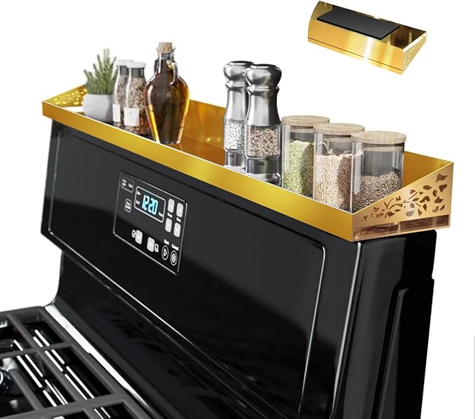 30" Magnetic Stove Top Shelf – Brushed Gold Spice Rack and Seasoning Organizer – Kitchen Shelf for Back of Stove – Over Stove Rack and Storage Organizer