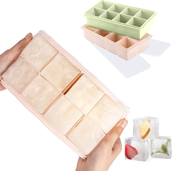LessMo Ice Cube Tray with Lid - 2 Pack Large Silicone Ice Tray Molds for Freezer, BPA Free, Big Square Ice Cube for Whiskey, Cocktails, Baby Food, Juices