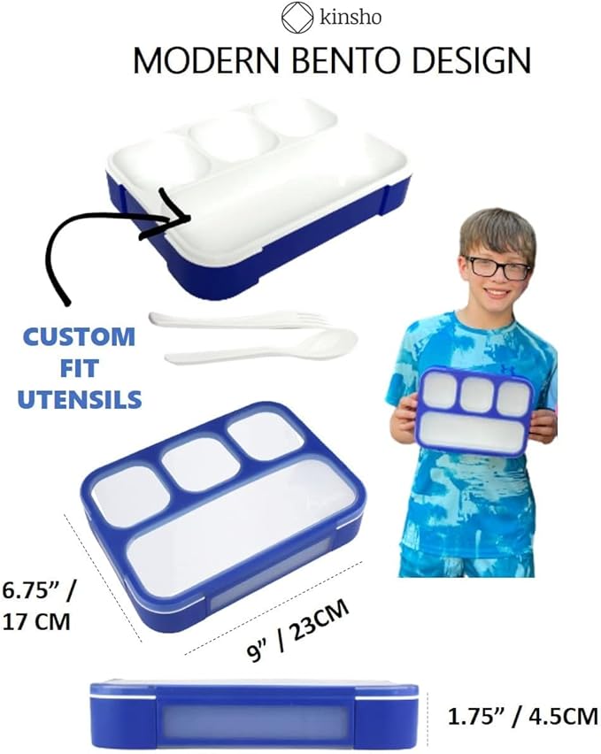 Bento Lunch Box for Kids Boys Adults, School Lunch-Box 4 Leakproof Compartments Snackle Snack Container with Utensils, Blue