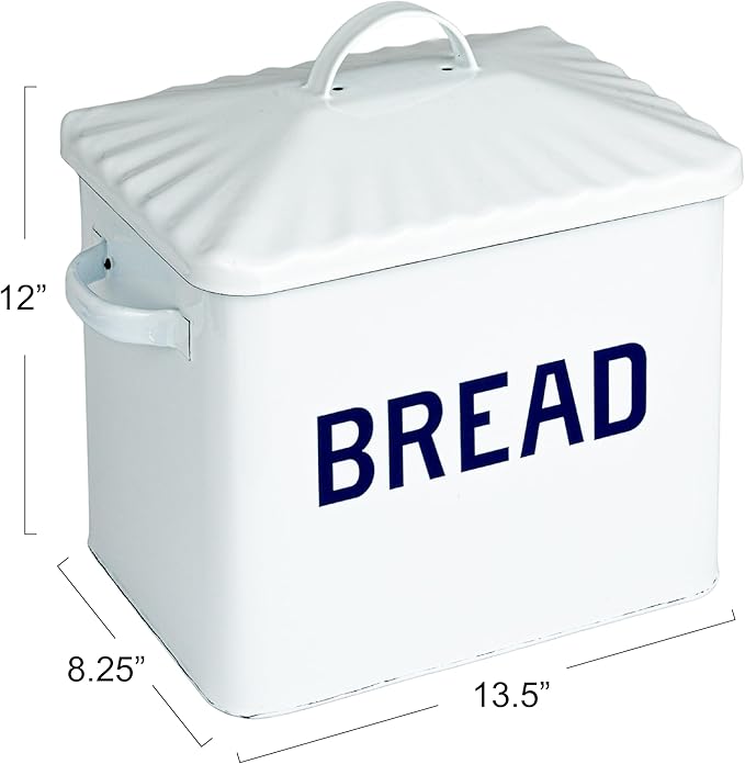 Creative Co-Op Chic Farmhouse Enameled Bread Box with Lid, "Bread" Message, White and Navy