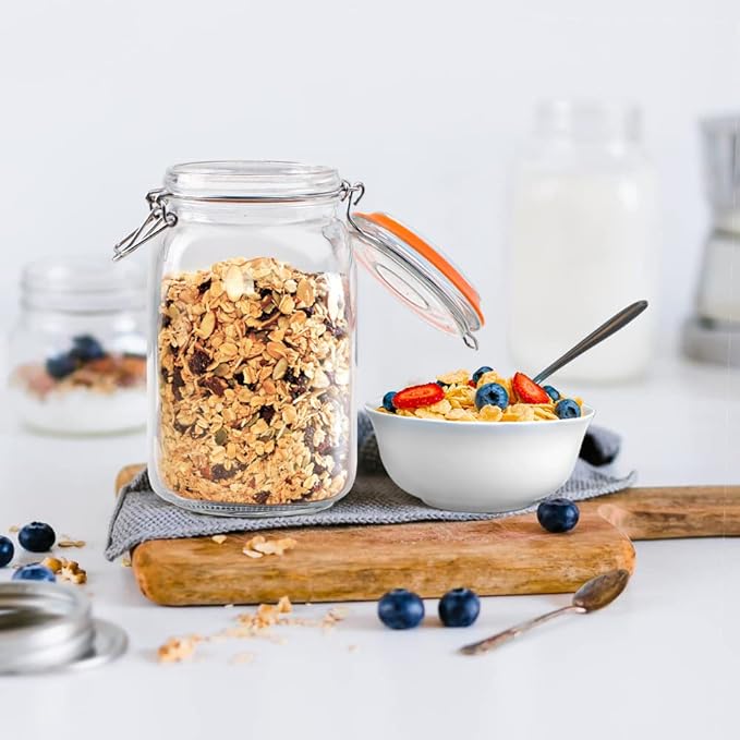 50 oz Glass Jars with Airtight Lids, Wide Mouth Mason Jars with Clip Top Lids for Kitchen - Square Glass Jars with Chalkboard Labels and Replacement Silicone Gaskets, Set of 4