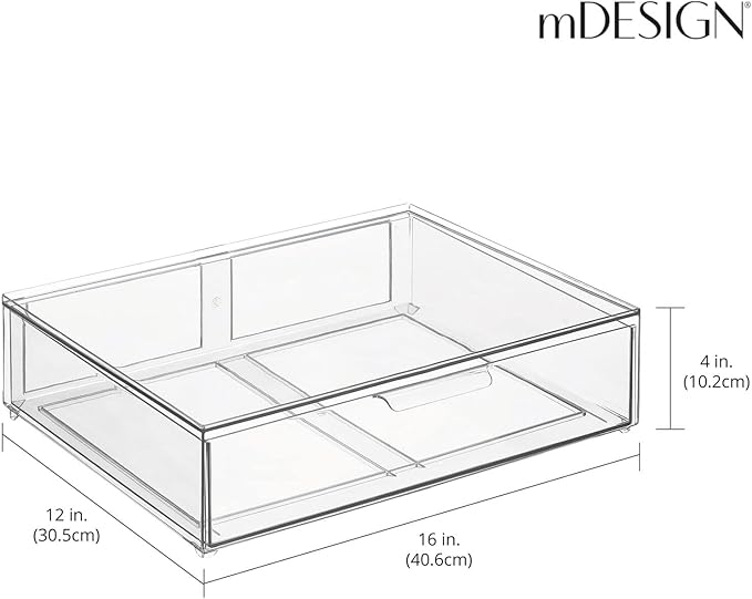 mDesign Wide Plastic Stackable Bathroom Storage Organizer Bin with Pull Out Drawer for Cabinet, Vanity, Shelf, Cupboard, Cabinet, Countertop, Closet Organization - Lumiere Collection - 2 Pack - Clear