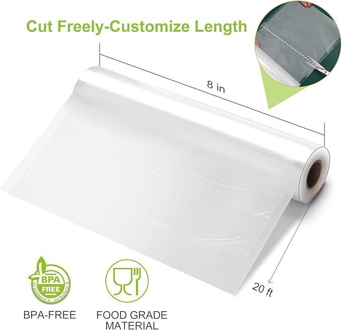 Bonsenkitchen Vacuum Food Sealer Rolls Bags, 2 Packs 8 in x 20 ft, BPA Free, Durable Commercial Customized Size Bags for Storage and Sous Vide Cooking,VB3206