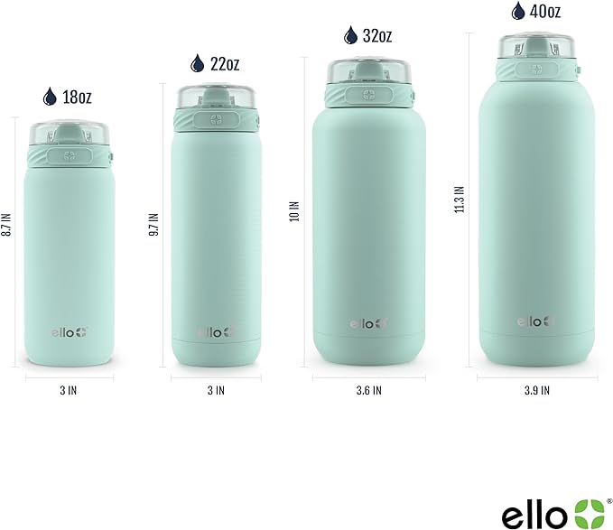 Ello Cooper 32oz Stainless Steel Water Bottle with Straw and Carry Handle, Double Walled and Vacuum Insulated Metal, Leak Proof Locking Lid with Soft Silicone Spout, Reusable, BPA Free, Yucca