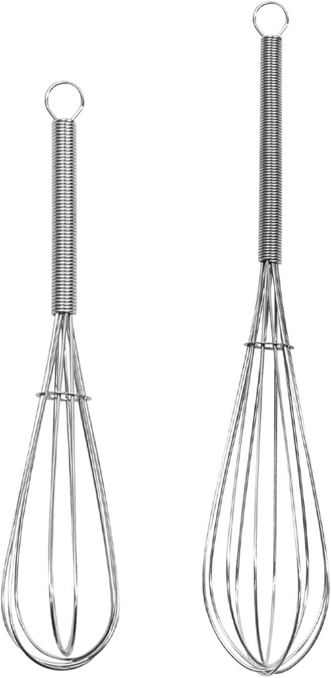 Mini Wire Whisk, 2-Pack - 8 & 10 Inch Small Whisk for Cooking - Ergonomic Spiral Handle, 304 Stainless Steel - Ideal for Whisking, Beating, Blending & Mixing Sauces - Silver