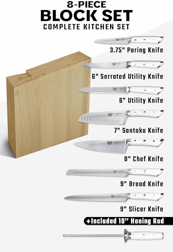 DALSTRONG Knife Set Block - 8 Piece - Gladiator Series - German High Carbon Steel Kitchen Set - Premium Food-Grade White ABS Polymer Handles - NSF Certified