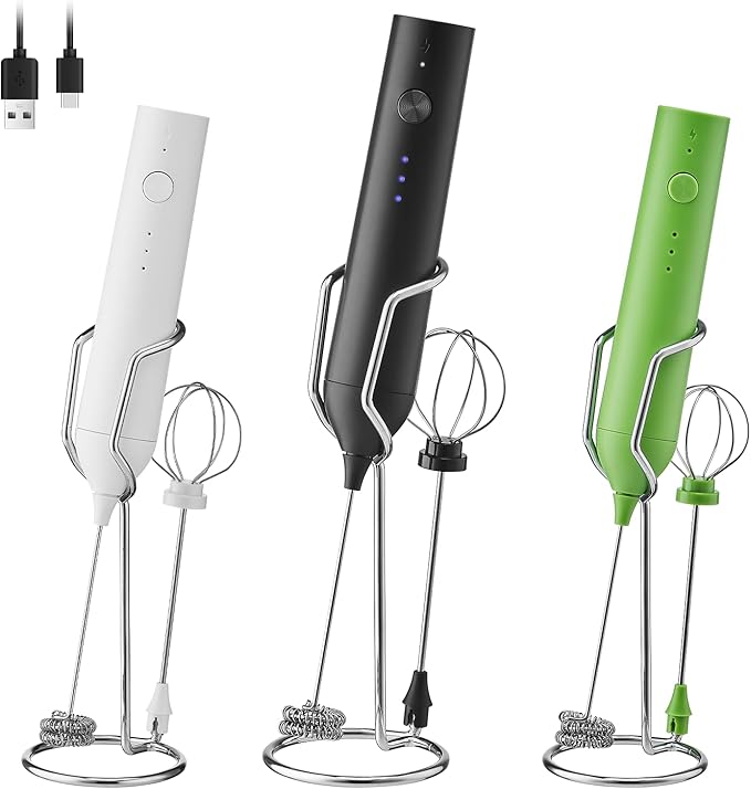 Rechargeable Milk Frother Set by ELMWAY, Electric Drink Blender with Wand and Egg Whisk, Foam Maker Mixer, Milk Frother Handled for Coffee, Latte, Matcha, Protein Powder (Black with Stand)